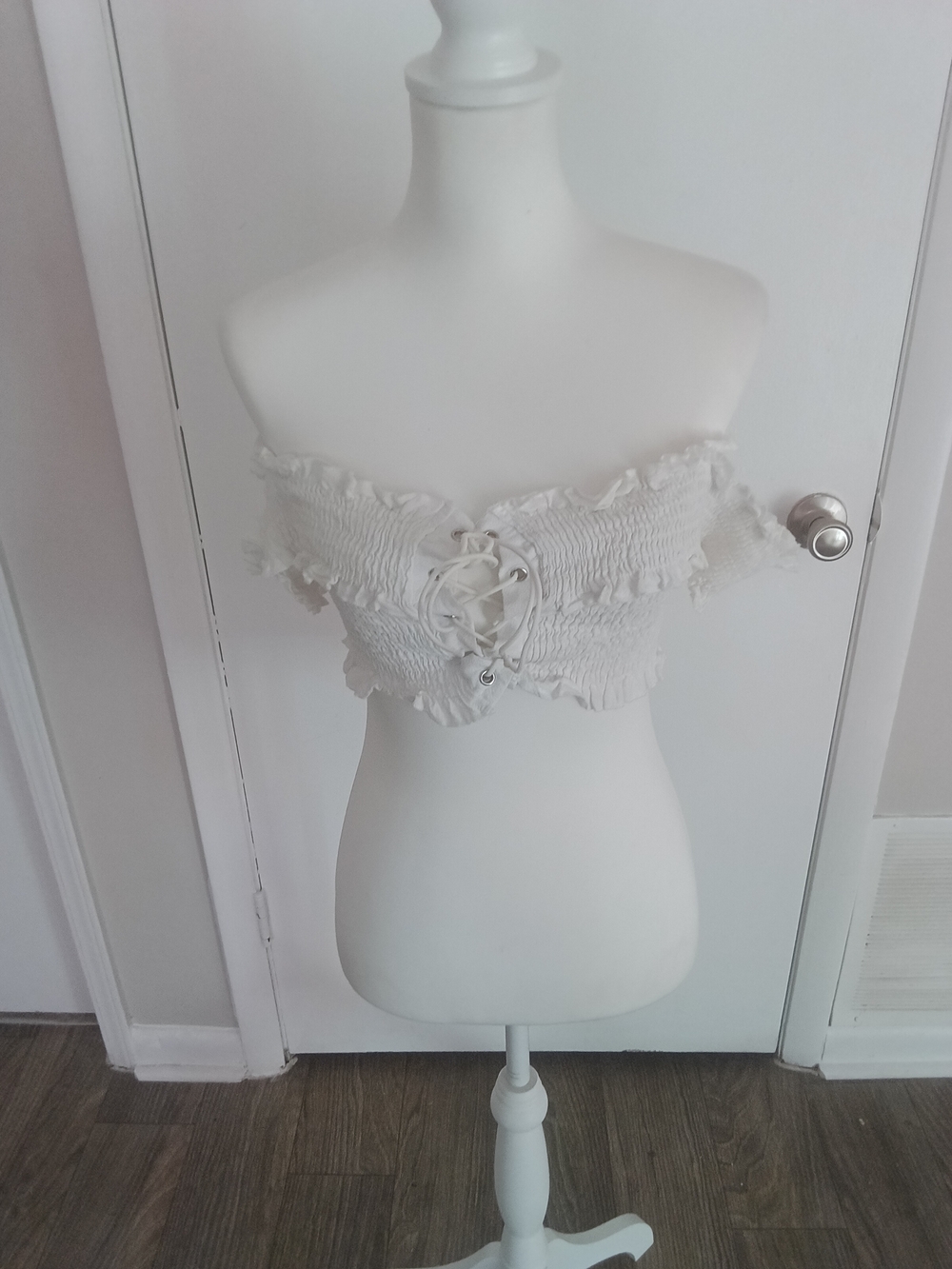 SHEIN White Smocked Off-Shoulder Lace-Up Crop Top